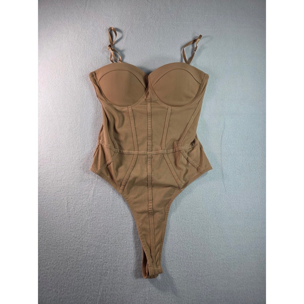 Priceless Tan Mesh Corset Bodysuit Underwire Thong Snap Closure Camel Brown